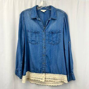 Khakis & Co Button Up Shirt Womens S Blue Long Sleeve Pockets Crochet Chambray